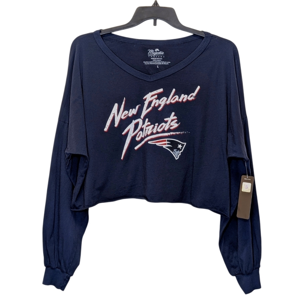 Majestic Threads Women's Drake Maye NE Patriots Navy Off Shoulder V-Neck Tee NWT